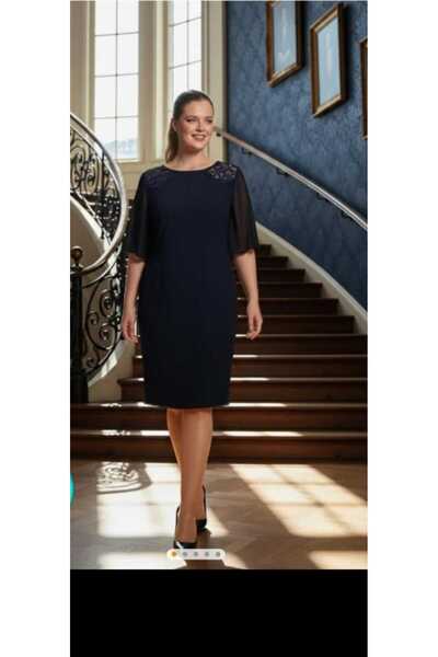 Nidya Moda Büyük Beden kadın Lacivert Şifon Kol Omuz Dantel Taşlı Abiye Elbise-4066l