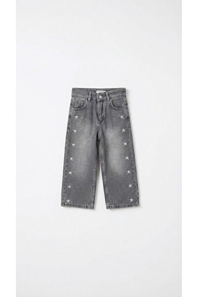 Magu Girl's Cotton Gray Star Patterned Denim Trousers – Comfortable Fit, Everyday Use