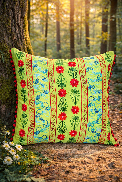 Miss Boheme Green Color Anatolian Spring Embroidered Bohemian Pillowcase 50Cm...