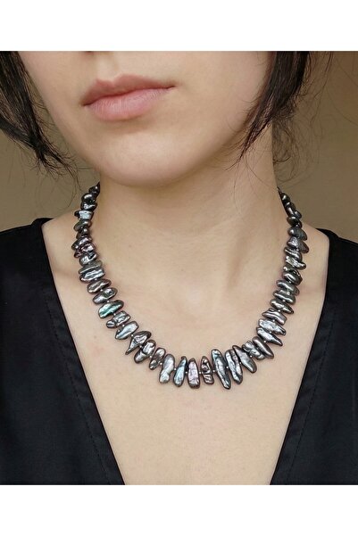 AYTENS TAKI Gerçek Barok İnci Tasarım Kolye - Antrasit İri Taneli El İşçiliği