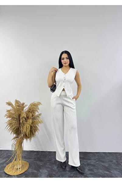 SHEZAN MODA Women's White Palazzo Pants Front Buttoned Striped Vest Set Bottom-Top Set Bb-10004766