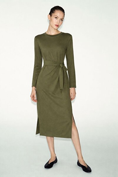 HAKKE Premium Pamuklu Kumaş Yandan Kuşak Bağlamalı Uzun Maxi Bilek Boy ELBİSE