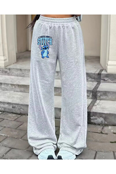 haha Kız Çocukları için Stitch Baskılı Geniş Paça Eşofman Altı