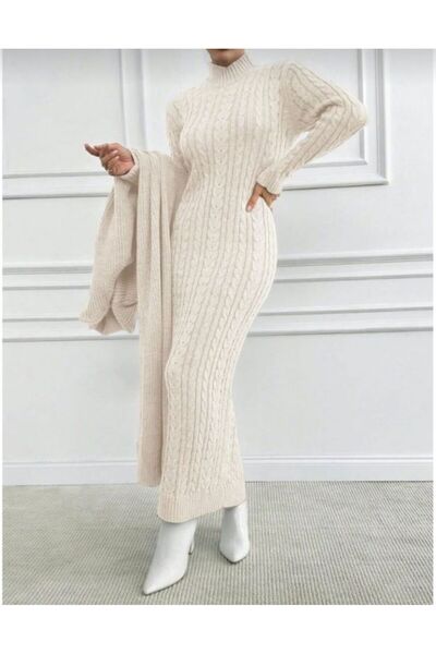 Elfin Women's Stylish 2-Piece Women's Knitwear Set Vintage Hair Braid Patterned Long Cardigan Sweater Dress Set Winter