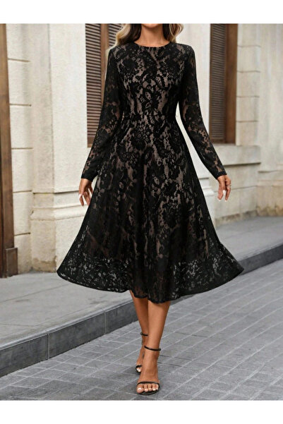 nedo7 Women's Long Sleeve Crew Neck Lace Lined Midi Dress