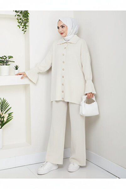 FERHEL Elit Sleeve Pleated Cardigan Trouser Knitwear Set - Ecru