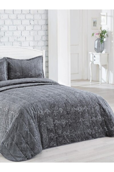 Bella Home İpeksoft Double Bedspread Set - 240X260 cm - Dark Gray with Original Bag