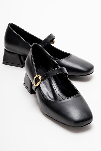 CCWAY AYAKKABI Γυναικεία παπούτσια με τακούνι με ρέλι με αμβλύ μύτη, ΜΑΥΡΟ ΔΕΡΜΑ