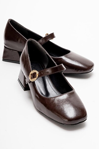 CCWAY AYAKKABI Kadın Küt Burunlu Biyeli Topuklu Ayakkabı; KAHVE KIRIŞIK