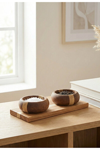 AHER طقم من قطعتين من أوعية الخشب الطبيعي للوجبات الخفيفة والتوابل - صينية تق...