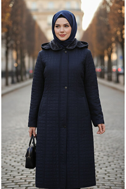 sefamerve Plus Size Quilted Coat 6239-02 Navy Blue