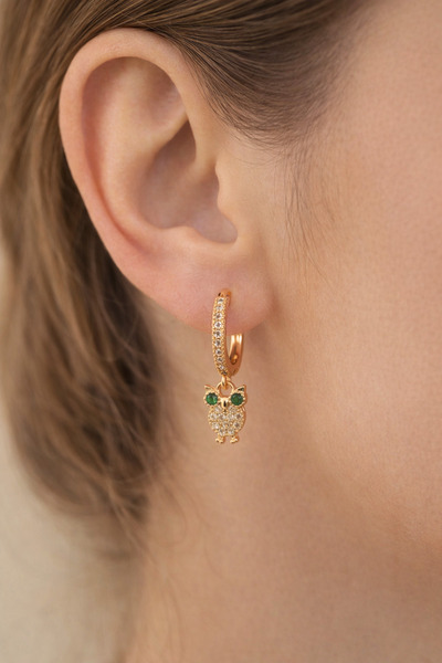 Sacce Scarves&Accessories Owl Charm Hoop Earrings |   Zircon Stone Green Eyed Rose Gold Earrings