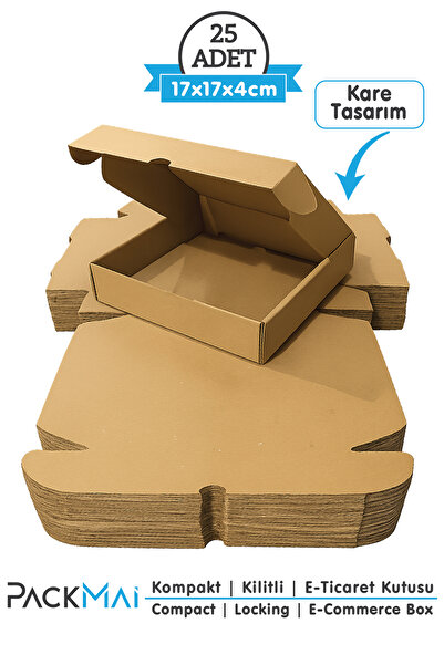 PackMai 17x17x4 cm Kraft Kilitli Karton Kutu 25 Adet | E-Ticaret Gönderi, Hed...