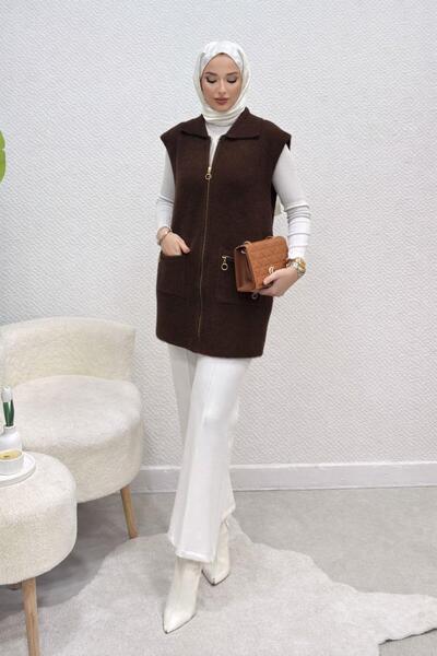 Tesettür Diyarı Hisel Fermuarlı Cepli Peluş Tesettür Yelek- Acı Kahve Standar...