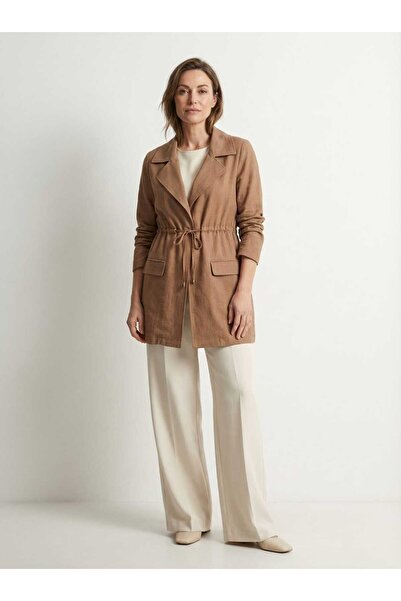 LOVE KARAMEL RENK BEL BAĞLAMALI DALGALI KETEN CEKET