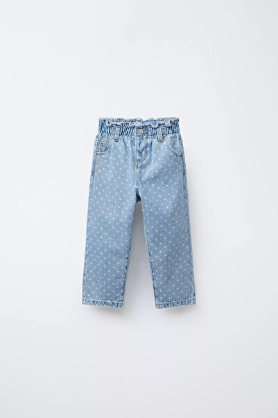 Magu Girls' Cotton Blue Polka Dot Patterned Denim Pants – Elastic Waistband, Comfortable Fit