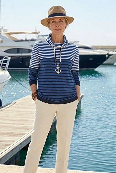 YXL COLLECTION Women's Plus Size Paneled Striped Turtleneck Lace-Up Long Sleeve Transitional Sweatshirt