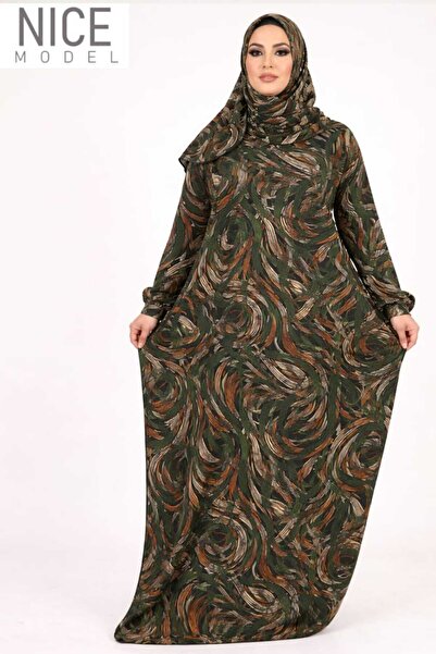 TREN Earth-Tone Abstract Hooded Abaya with Hijab – Modest Fashion for Elegant Muslim Women