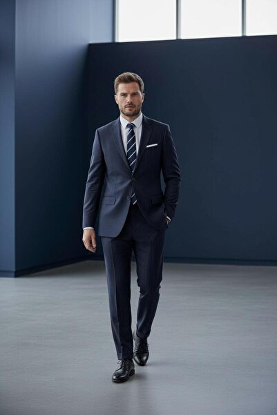 Sarar Classic Fit (4-Drop) Mono Collar Striped Navy Blue Suit