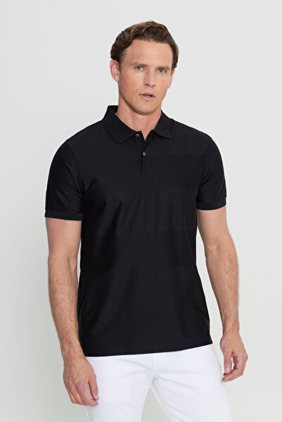 ALTINYILDIZ CLASSICS Men's Black 100% Cotton Slim Fit Slim Fit Polo Neck Jacquard Knitwear T-Shirt