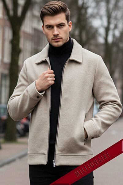 Millionaire Jachetă Stone Cashmere pentru bărbați, bej nisip, cu pene ondulate, cu fermoar, guler cămașă, jachetă Old Money, cardigan
