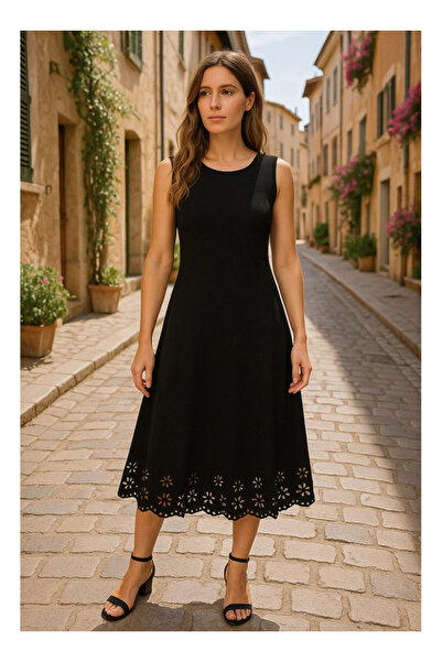 byasafkids    فستان نسائي بدون أكمام بطبعة زهور مقطوعة بالليزر بطول متوسط من ...