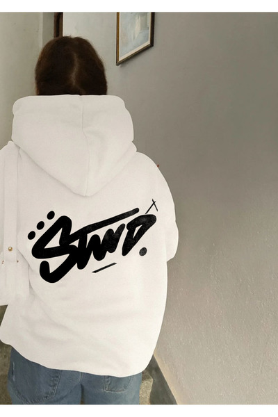 Generic (Unbranded) SWD Graffiti Oversize Kapüşonlu Sweatshirt - Beyaz - Small