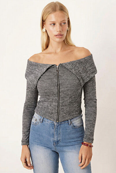 armonika Women's Gray Off-Shoulder Front Zipper Cardigan Arm-26K001034