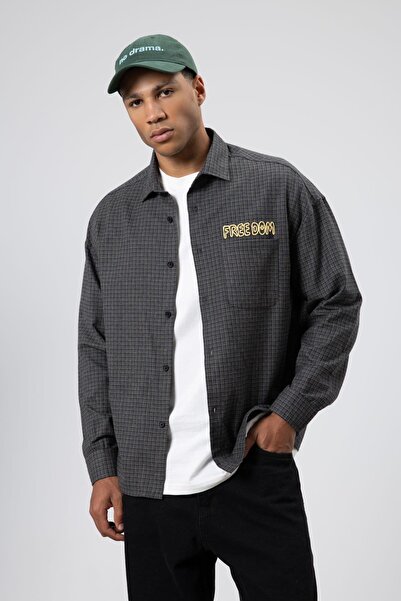 VAMOSCLO Oversized Printed Casual Checkered Shirt Khaki