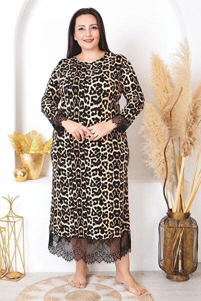 REN Дамска нощница с дълъг ръкав в големи размери, нощница с леопардов принт, детайли от тюл по полата и маншетите, разрез V