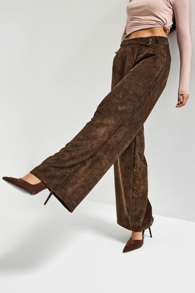 it's basic Women's Brown Color W5-81 Palazzo Fit Belt Detailed Thick Corded Fabric Velvet Velvet Fabric Trousers