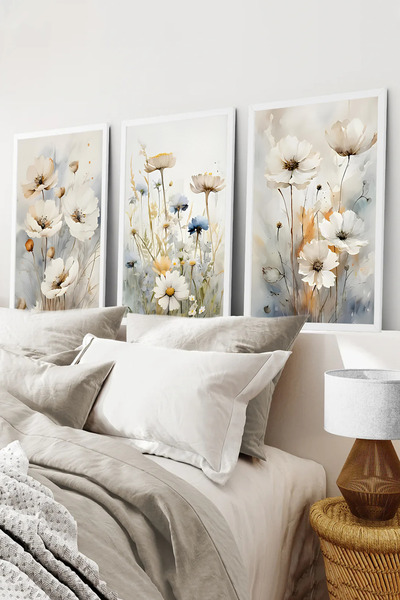 kutuTR Beyaz Çerçeveli 2D UV Baskı 3’lü MDF Tablo Set –Altın Tonlarında Zarif...