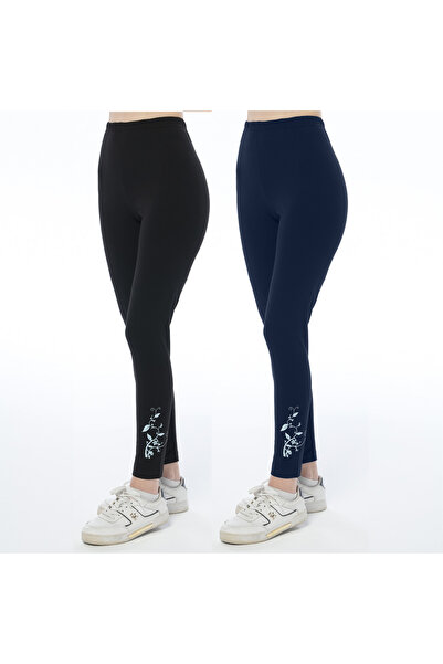ASN concept Women's Leggings with Floral Pattern Printed Black-Navy Blue 2-Pack (Plus Size Option Available)