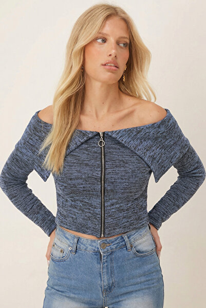 armonika Women's Blue Off-Shoulder Front Zipper Cardigan Arm-26K001034