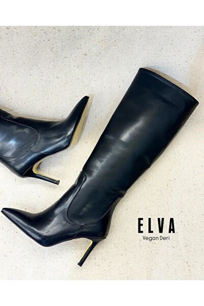 Zuum حذاء نسائي طويل للركبة بدون سحاب من إلفا - جلد أسود