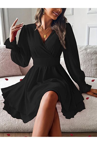 byasafkids فستان ساندي قصير بأكمام طويلة وياقة مزدوجة للنساء