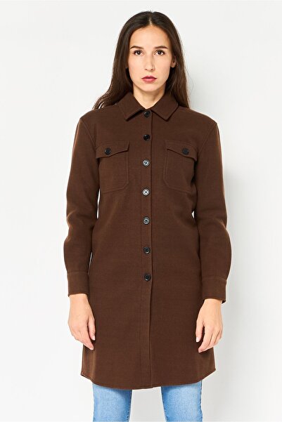 Karl Lagerfeld Women Spread Collar Textured Long Sleeve Jacket Shirt, Dark Brown