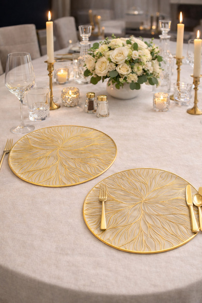 Emsay Store Cream Gold Patterned Placemat – Set of 2 - Luxury & Modern Tableware Presentation - American Service 35X35 cm