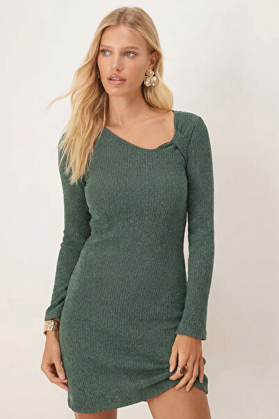 armonika Women's Green Asymmetric Collar Long Sleeve Dress Arm-26K001069