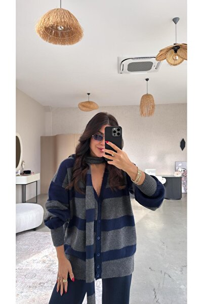 Buket Teke Navy Blue Anthracite Striped Self-Woven Soft Cardigan