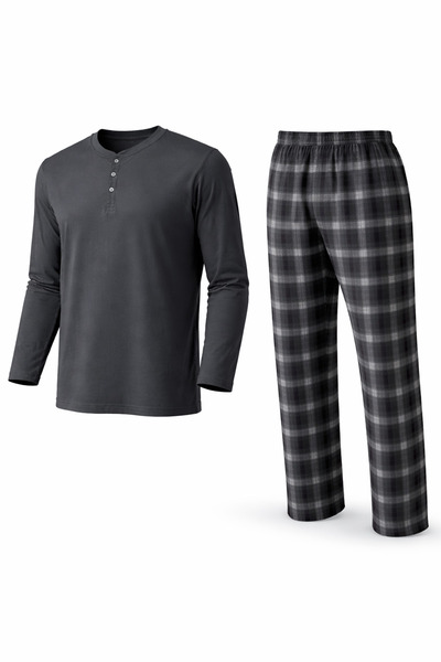 Mutlu City Ανδρικό σετ πιτζάμες ελαφρύ μακρυμάνικο με 3 κουμπιά καρό κάτω μέρ...