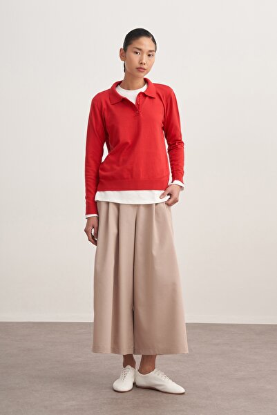 EBU Prive Women's Polo Neck Viscose Knit Sweater Red