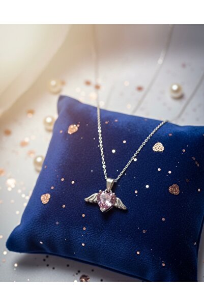 HİİS Gümüş Renkli Pembe Taşlı Kanatlı Kalp Kolye - Kadın Melek Kanadı Figürlü...