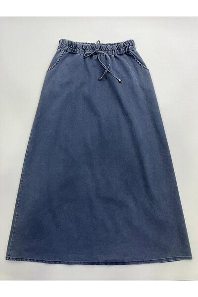 İDOL GİYİM Women's Blue Elastic Lace-Up A-Line Denim Skirt
