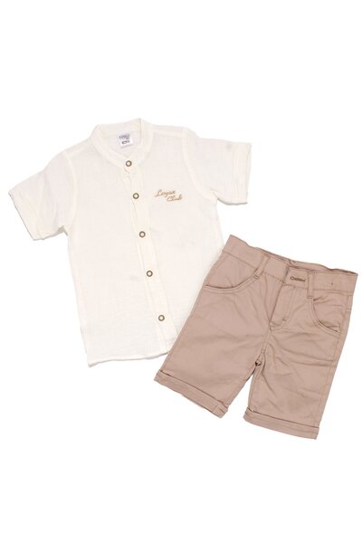 bebegen طقم قميص من قماش الموسلين باللون البني الإيكرو للأولاد مكون من قطعتين مع شعار
