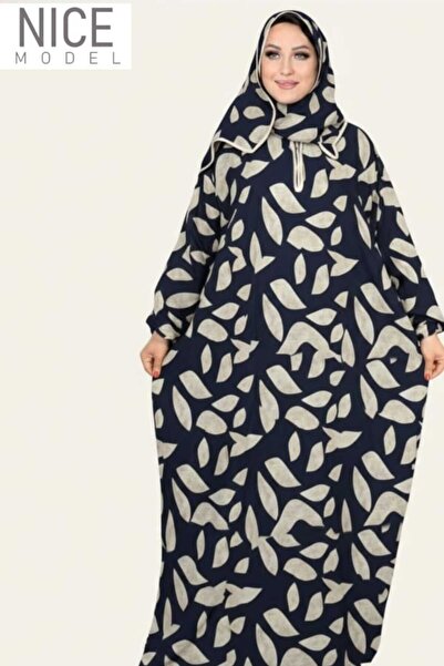 TREN Dark Blue Hooded Abaya with Beige Leaf Print – Elegant Modest Fashion for Muslim Women