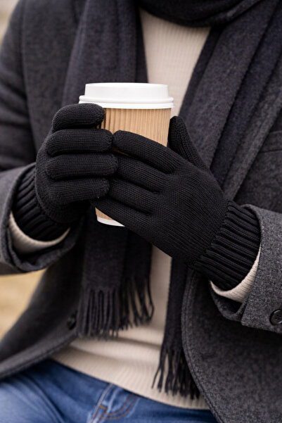 MODA Black Knitted Wool Gloves Thick Fabric Cold-Proof Cotton Unisex