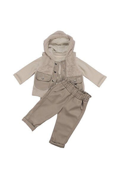 bebegen طقم فاخر ثلاثي للفتيات الصغيرات من القطيفة البيج طقم فيست مع بنطلون جلدي