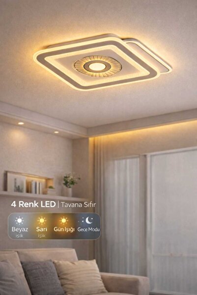 CanAydınlatma Tavana Sıfır Plafonyer Kumandalı Avize 4 Renk Led (Beyaz Sarı G...