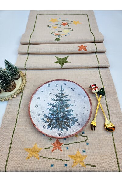 GIHANDMADE Yılbaşı Temalı El İşlemesi Kanaviçe İşlenen Yıldız Desenli Keten M...